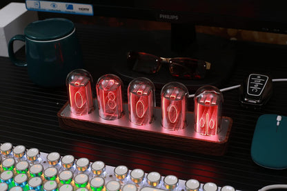 Lonyiabbi Nixie elektronische klok LED-gloedsimulatie, Retro modern, van hout, USB-aangedreven, huisdecoratie, cadeau (geen montage vereist, 5 RGB Lonyiabbi Nixie elektronische klok LED-gloedsimulatie, Retro modern, van hout, USB-aangedreven, huisdecoratie, cadeau (geen montage vereist, 5 RGB